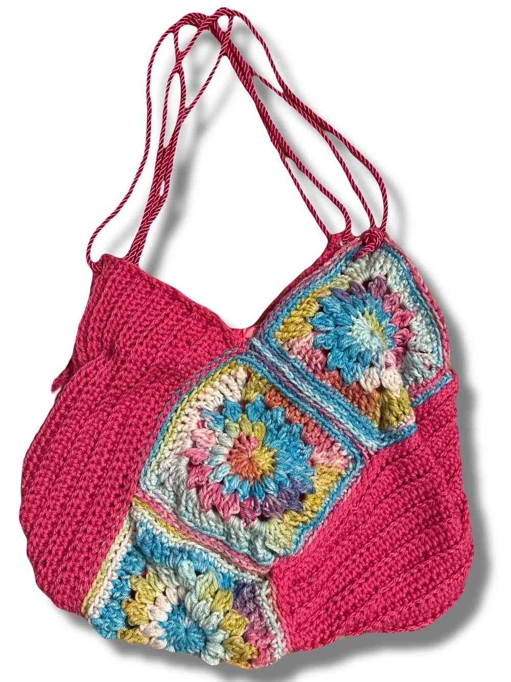 Multicolor Granny Squares Pink Crochet Knit Boho Bag